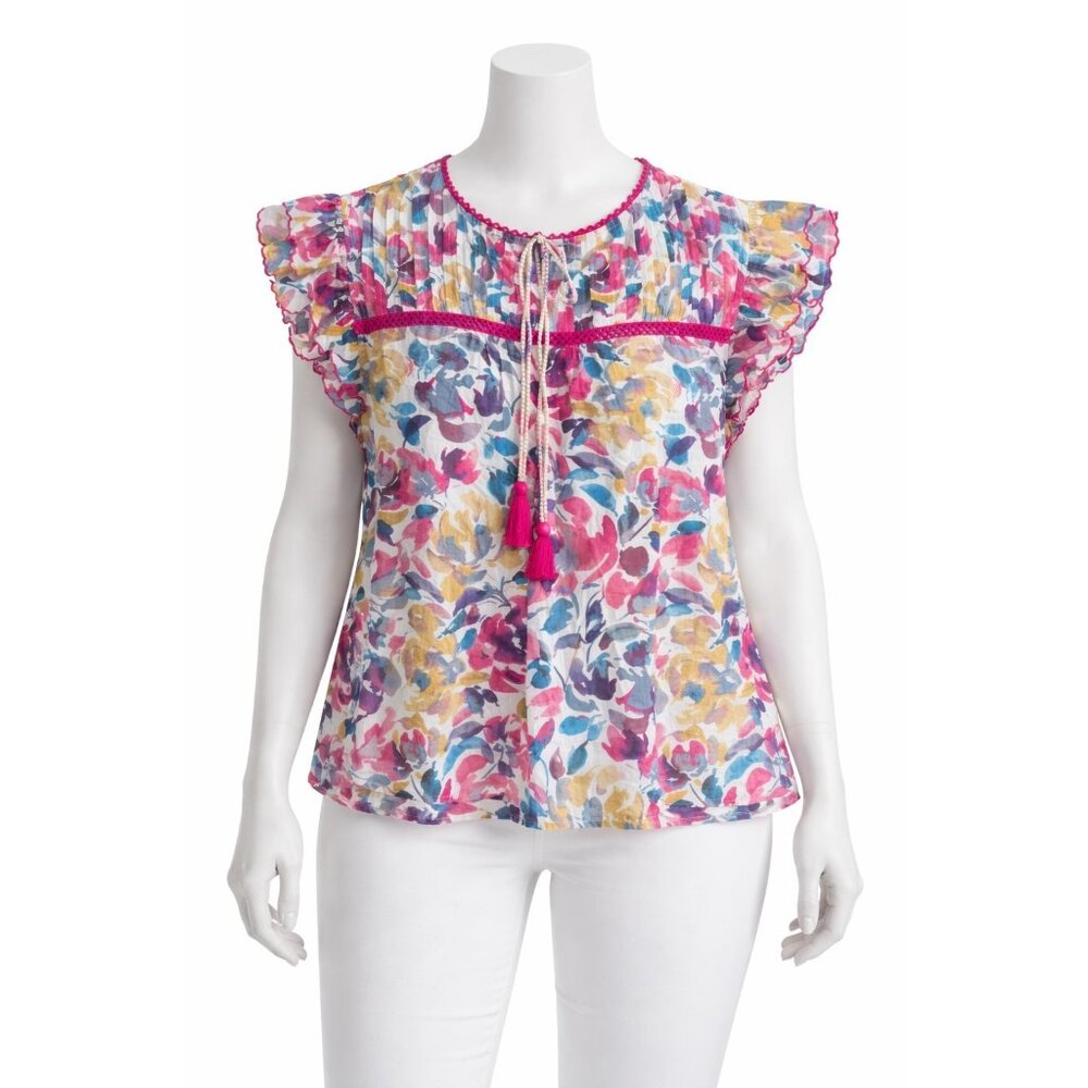 Aqua‎ Floral Boho Cotton Peasant Blouse Tassel Tie Flutter Sleeve XXL